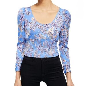 Free People Santiago Blue Floral Long Sleeve Scoop Neck Crop Top, Sz. Medium